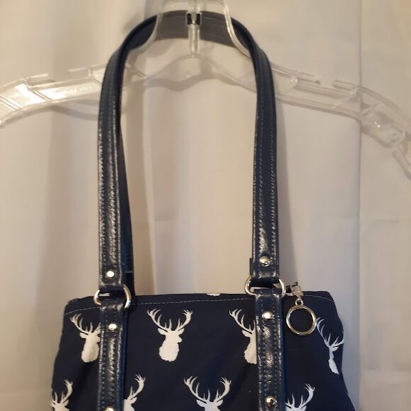 New Vinyl Double handle Shoulder Satchel Bag Purse Navy Blue White Deer Western - Picture 3 of 12